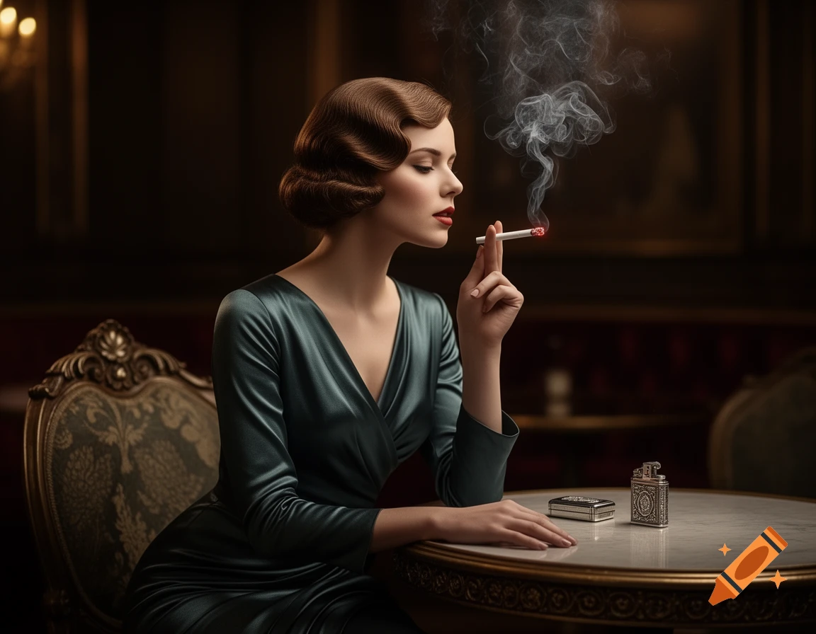 A stylish woman in a 1930s dress smokes a cigarette in a dimly lit club, with a silver case and lighter on the table. Photorealistic.