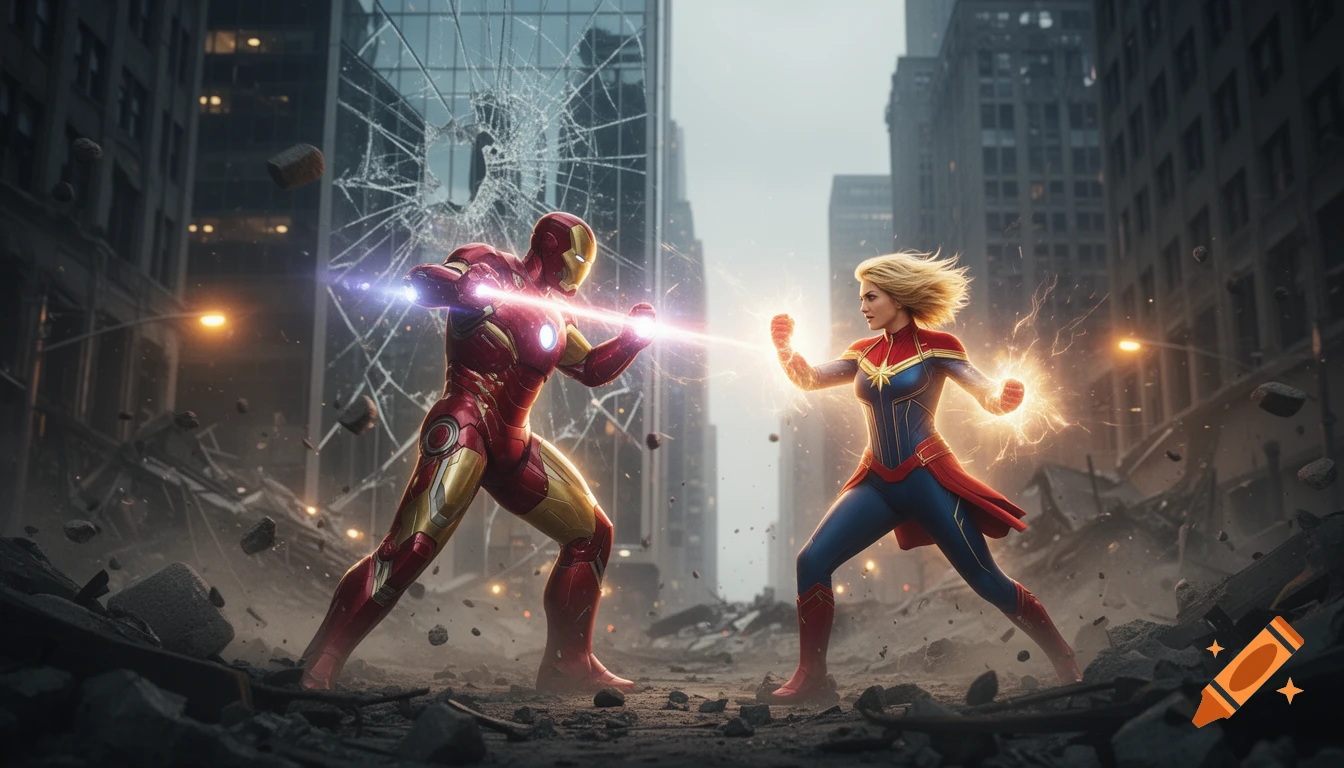 Iron Man and Captain Marvel exchange energy blasts in a photorealistic depiction of a destroyed city street.