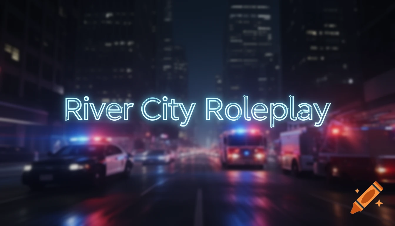 Neon text 'River City Roleplay' against a blurry night city scene with police cars and fire trucks with flashing lights.