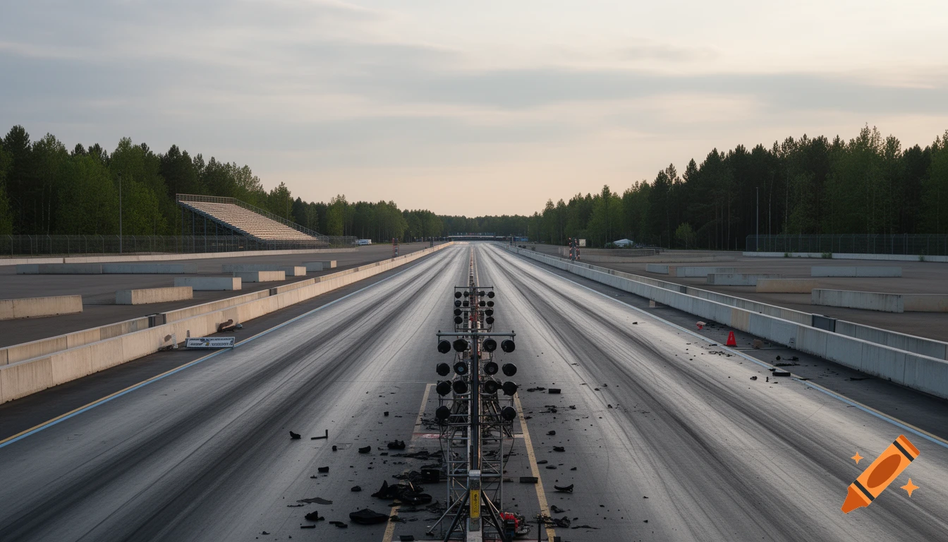 A wide, empty drag strip stretches into the distance, lined by concrete barriers and a grandstand under a cloudy sky.