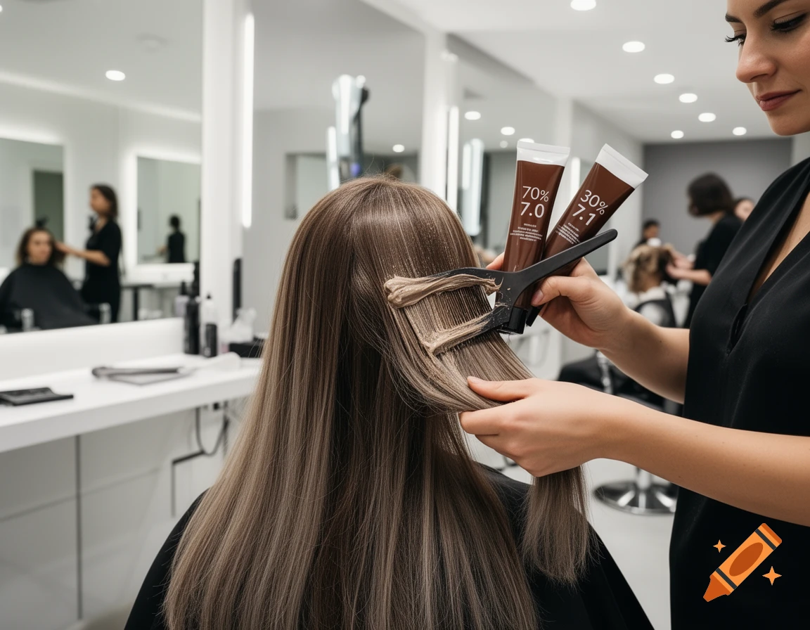 A stylist applies hair color from tubes marked "70% 7.0" and "30% 7.1" to a client's long brown hair in a salon.