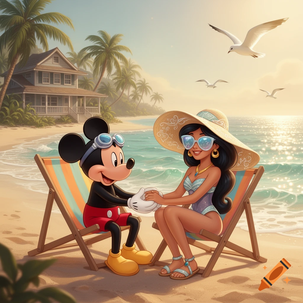 Mickey Mouse and Princess Jasmine hold hands while sitting in beach chairs on a sunny beach, with a beach house and palm trees in the background.