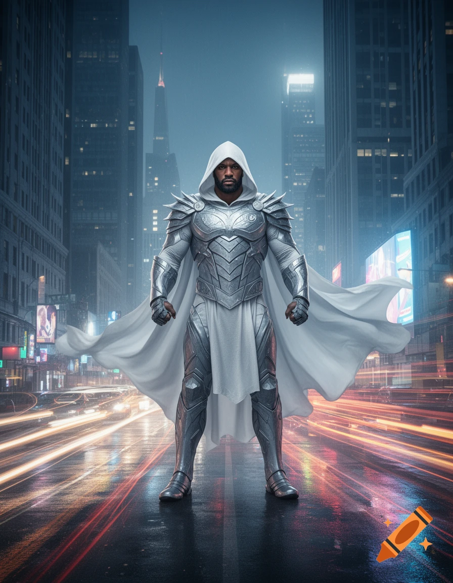 A man in white hooded armor stands on a rainy city street at night with light trails from cars.