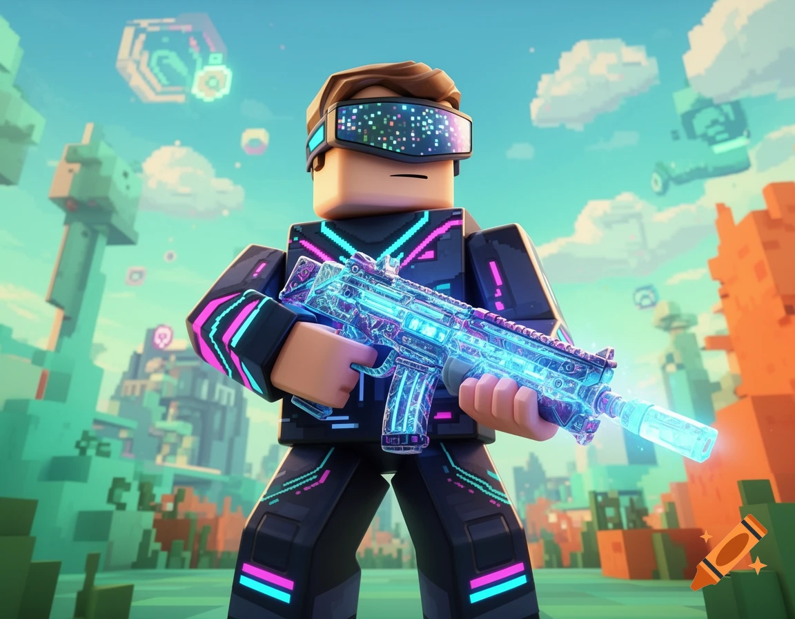 A Roblox-style character with a blocky body and brown hair wears a VR headset and holds a glowing, futuristic weapon. The character's black outfit has neon pink and blue circuit patterns. The background is a pixelated, blocky landscape with a blue sky.