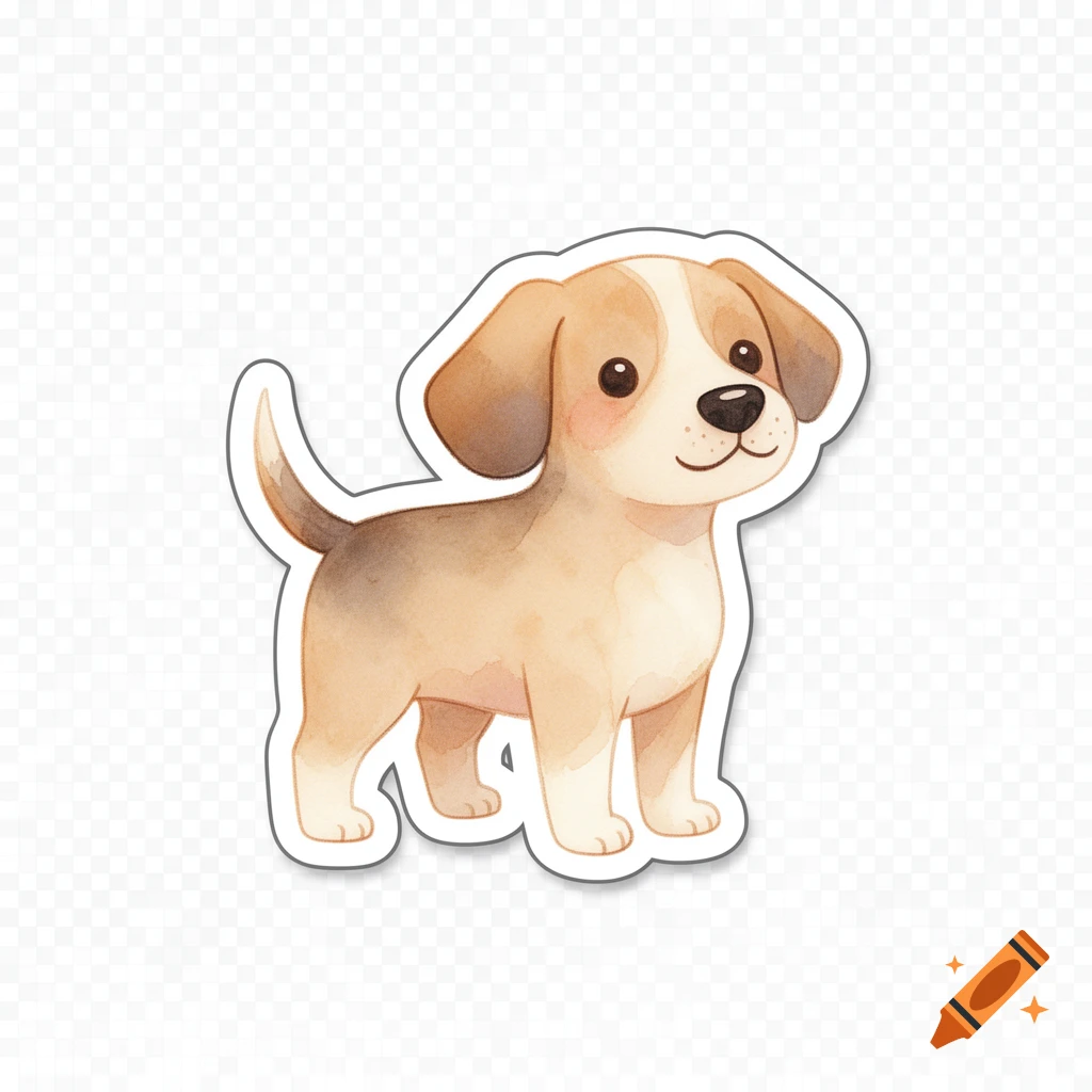 A cute watercolor sticker illustration of a light brown and white puppy with a black nose and big eyes, against a transparent background.