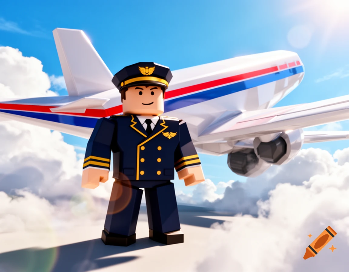 A Roblox-style pilot in a dark blue uniform stands in front of a white airplane against a bright blue sky with clouds.
