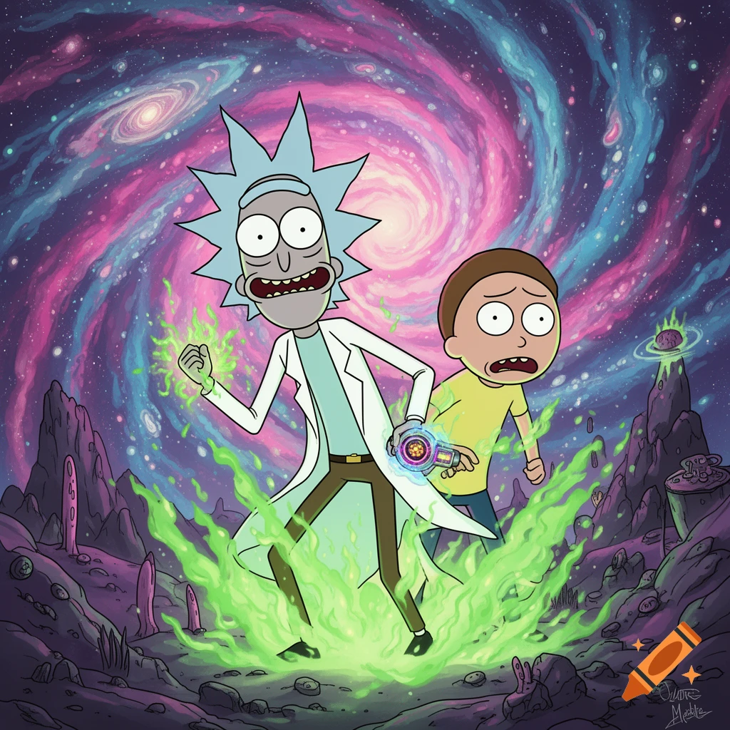 Rick and Morty on an alien planet with a vibrant galaxy background, surrounded by green energy. Rick holds a portal gun.