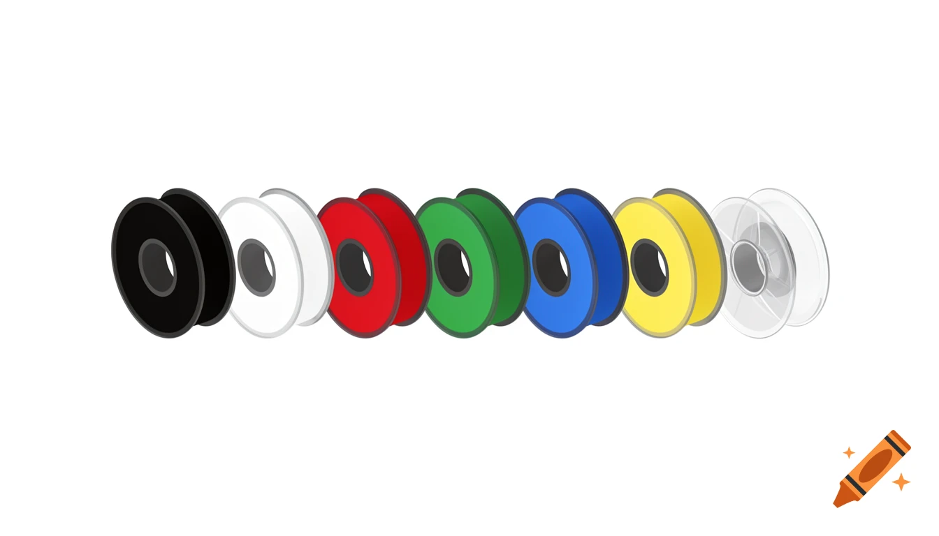 A row of colorful 3D printer filament spools in black, white, red, green, blue, yellow, and transparent on a white background.