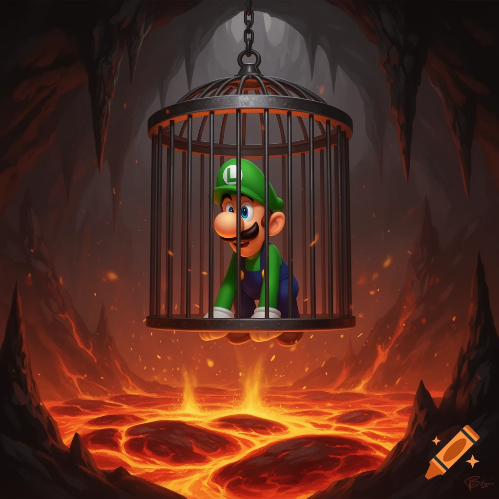 Luigi is trapped inside a metal cage suspended by a chain over a pit of glowing orange lava in a dark, cavernous setting.
