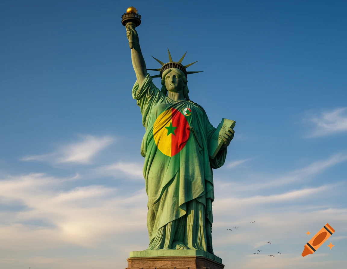 The Statue of Liberty stands against a blue sky, draped with the flag of Cameroon across her torso.
