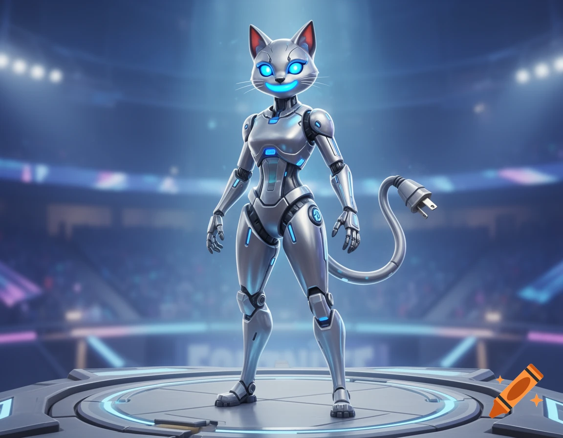 A futuristic silver robotic cat character with glowing blue features and a power plug on its tail stands in a stadium.