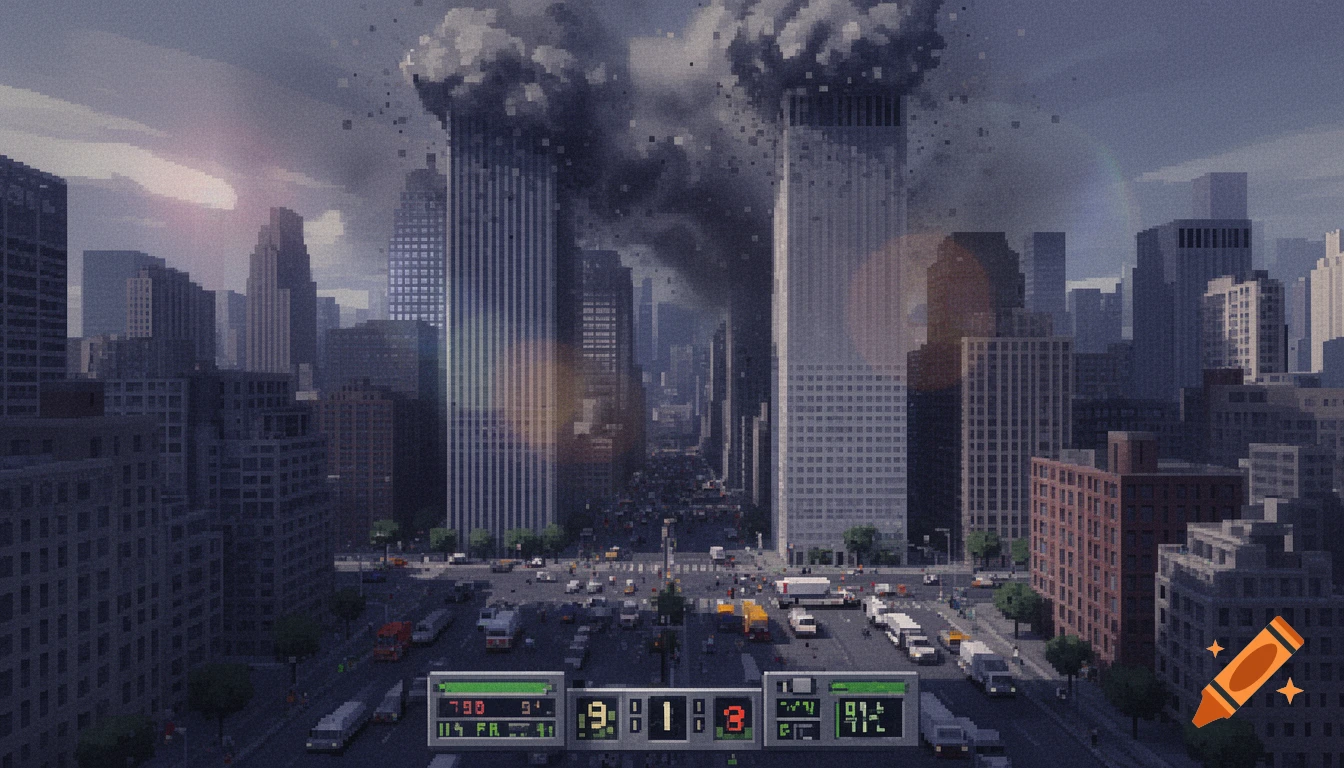 Pixelated screenshot from a retro 9/11 simulator game, showing twin towers amidst smoke in a city skyline with a game UI at the bottom.