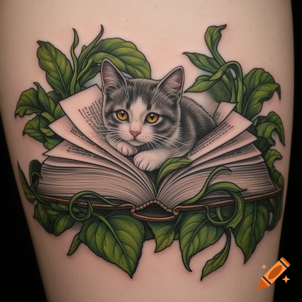 Cute gray and white cat on an open book with green foliage, stylized as a tattoo on skin.