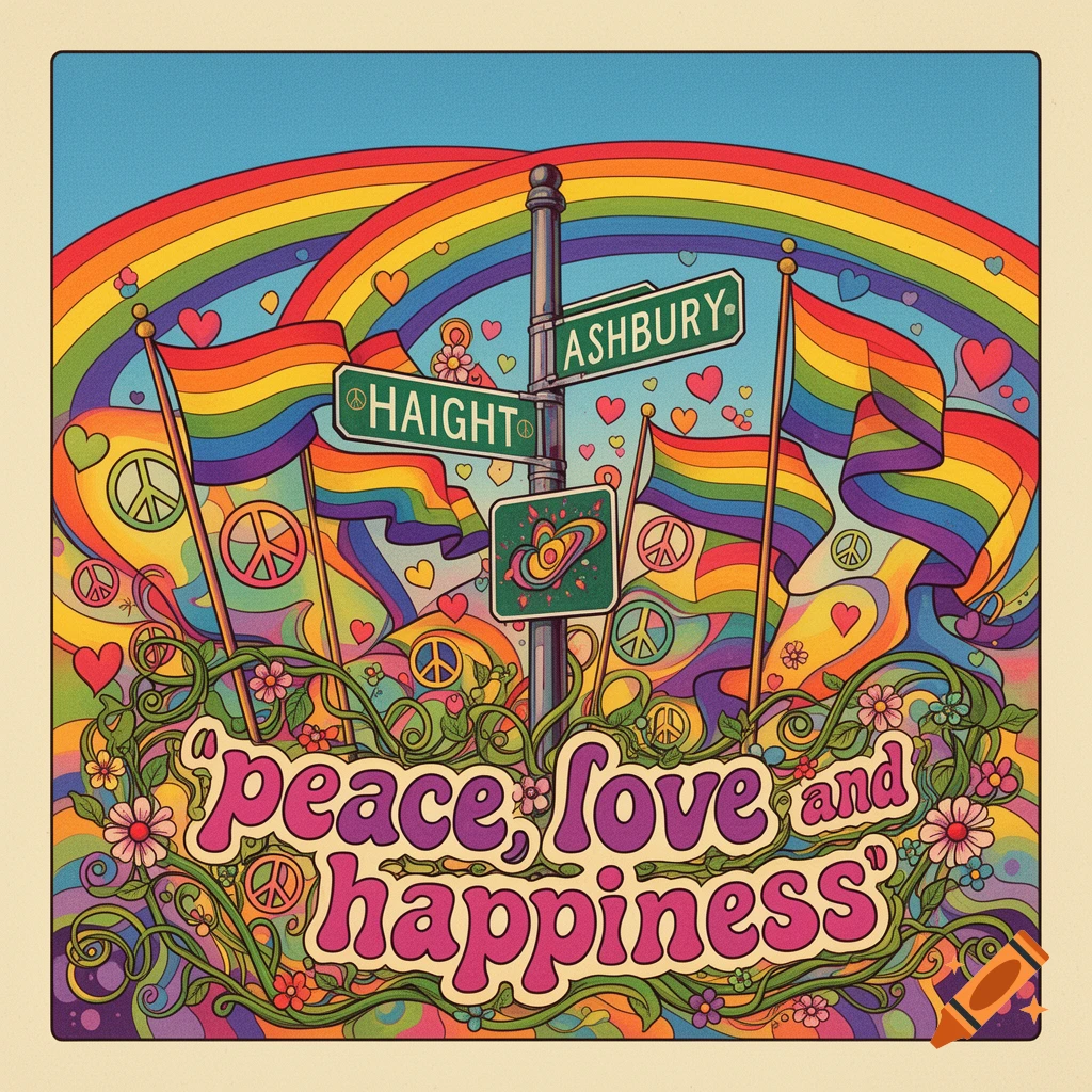 Psychedelic Haight-Ashbury poster with rainbows, peace signs, pride flags, hearts, and 'peace, love and happiness' text.