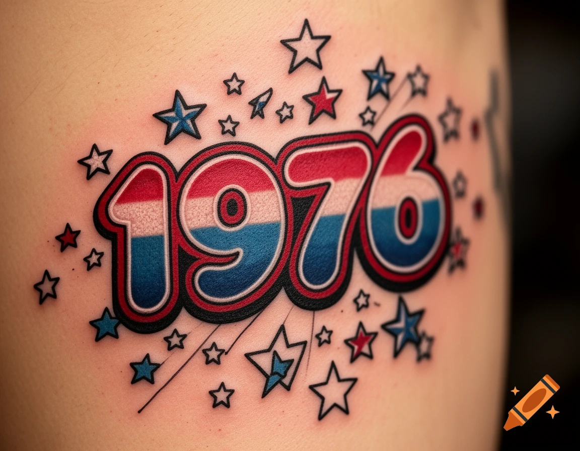 A patriotic 1976 bubble font tattoo in red, white, and blue, surrounded by stars on skin.