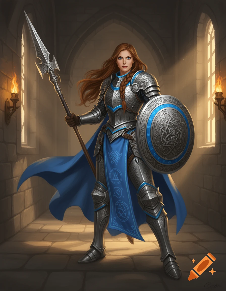 A female human warrior in detailed silver plate armor with blue trim and a tabard, holding a spear and shield in a stone castle hallway. She has long brown hair and blue eyes.