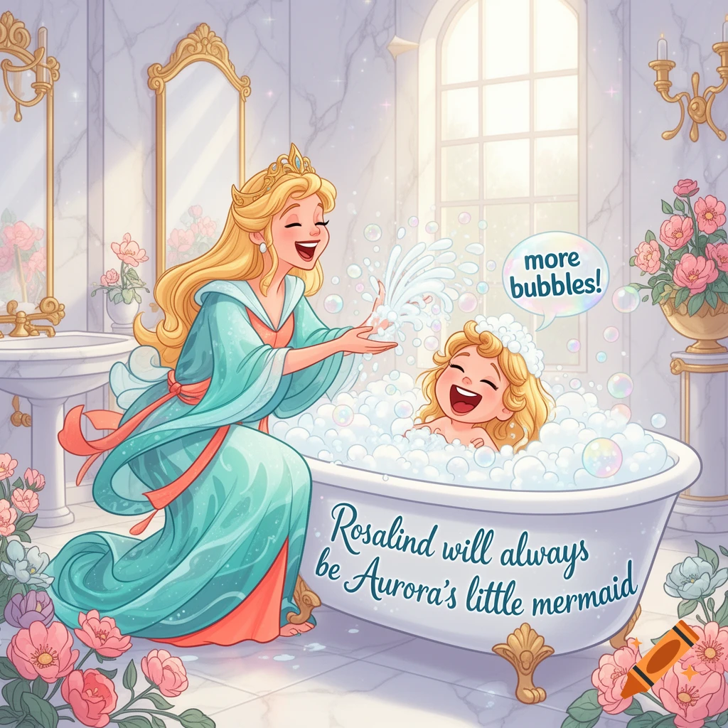Bright cartoon of a princess and a child laughing, splashing bubbles in a grand bathtub. Text says 'more bubbles!' and 'Rosalind will always be Aurora's little mermaid'.
