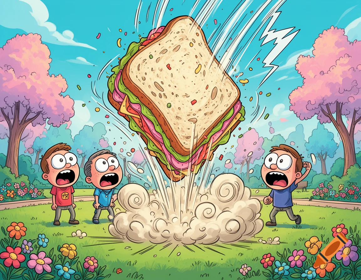A giant sandwich falls from the sky into a park, surprising three cartoon boys who gasp in shock amidst a dust cloud.