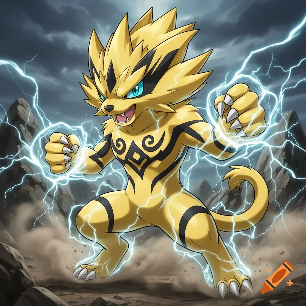 A yellow, feline-like creature with spiky hair and black tribal markings, summoning electricity with its fists in a stormy, rocky landscape.
