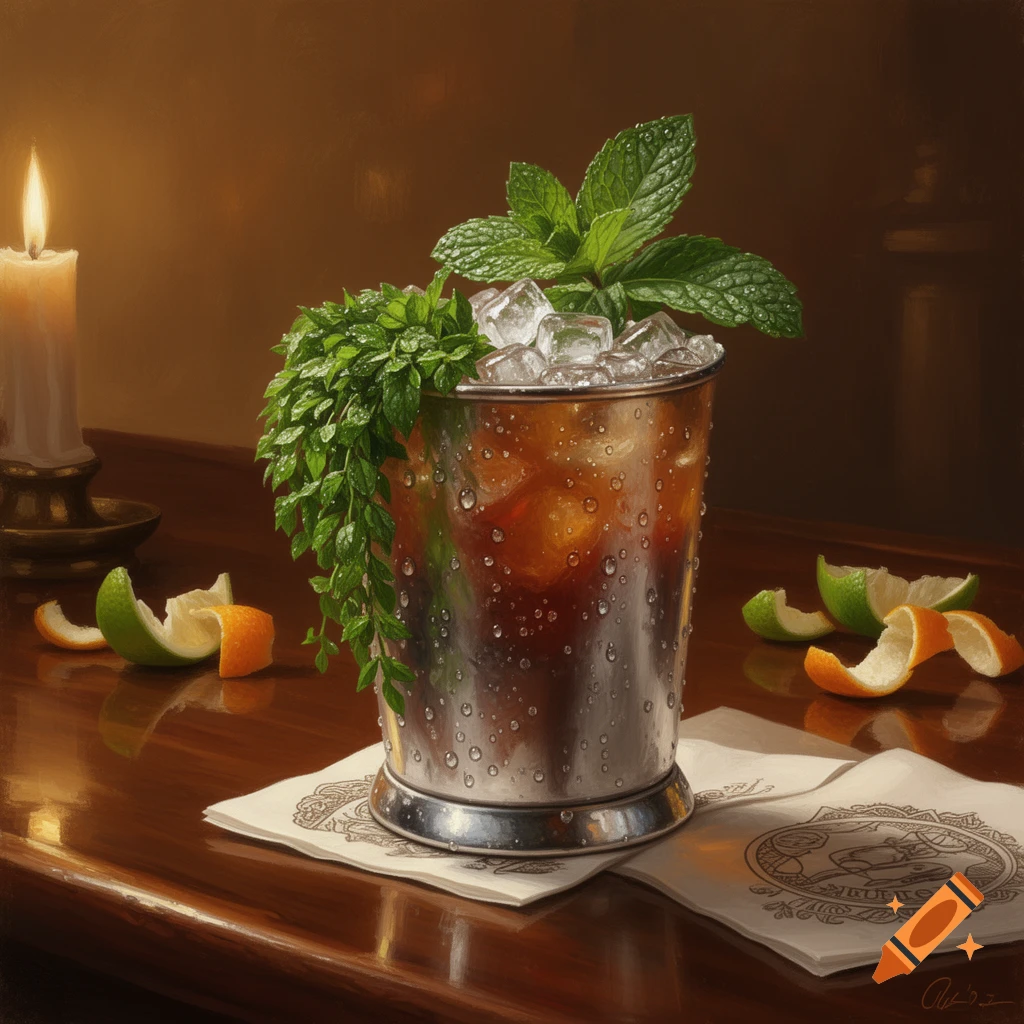 A photorealistic close-up of a sweating silver julep cup filled with ice and mint, next to a lit candle and citrus peels on a dark wooden bar.