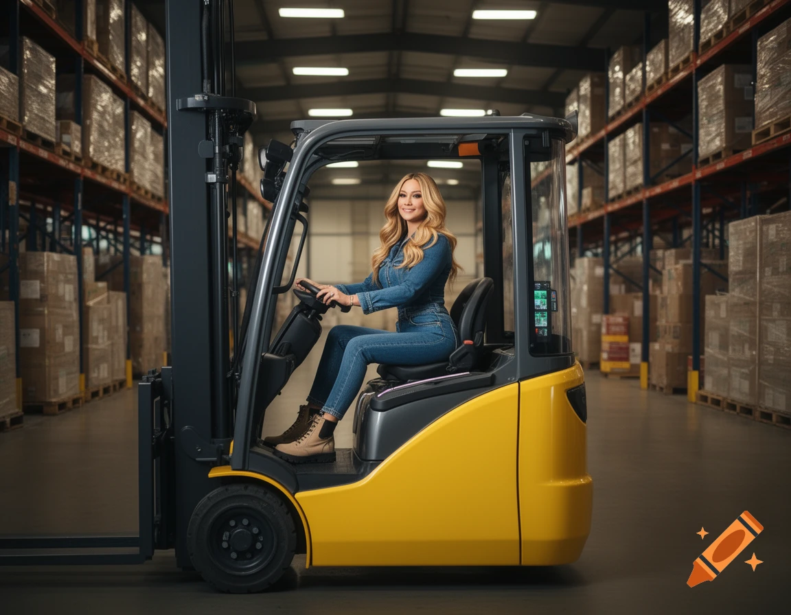 A smiling woman with long blonde hair, wearing a denim jumpsuit, sits in a yellow forklift inside a large warehouse filled with stacked boxes.