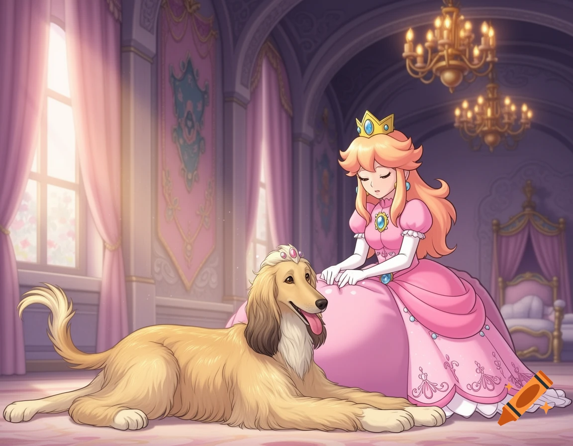 Princess Peach gently touches a fluffy Afghan hound lying on the floor in a regal castle room, depicted in an anime style.