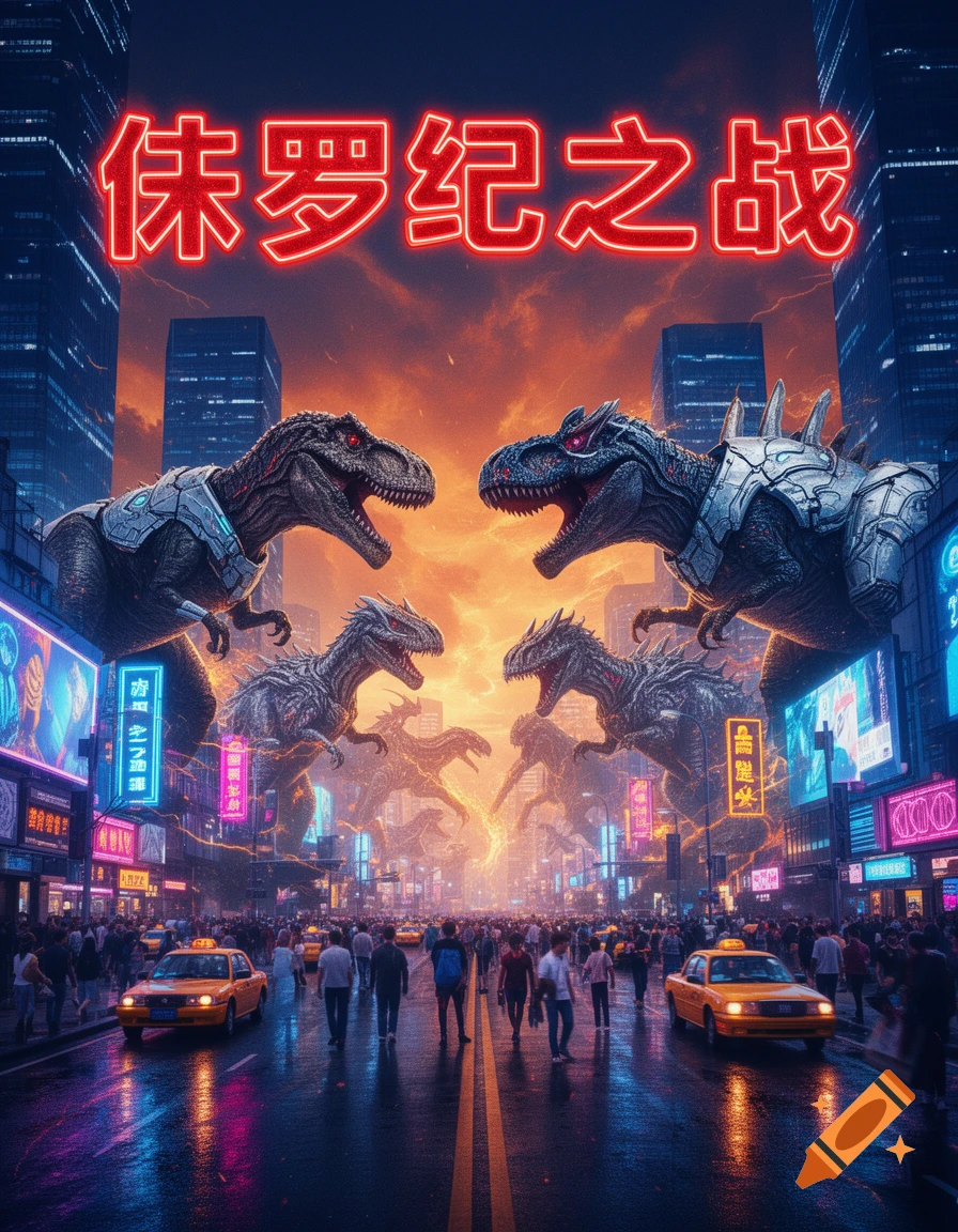 A sci-fi movie poster shows armored dinosaurs fighting in a futuristic city street filled with pedestrians, taxis, and neon signs under an orange sky. The title "侏罗纪之战" is displayed in red neon at the top.