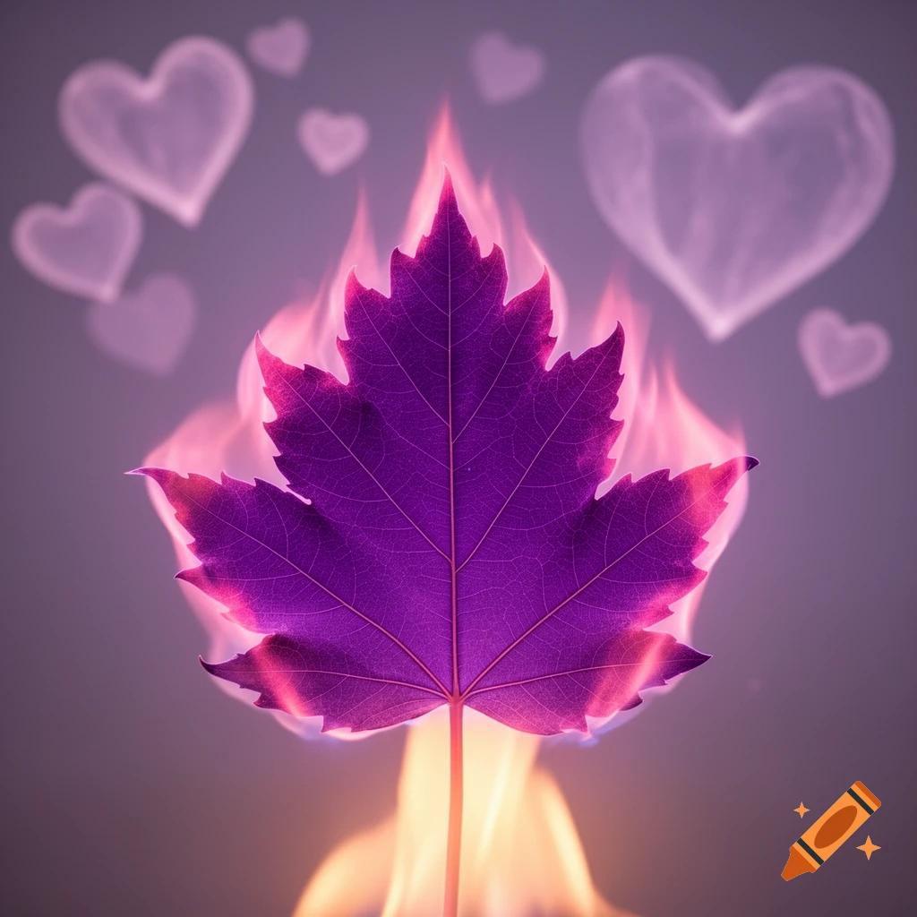 A vibrant purple maple leaf glows with pink and orange flames at its base, set against a soft purple background with ethereal floating hearts.