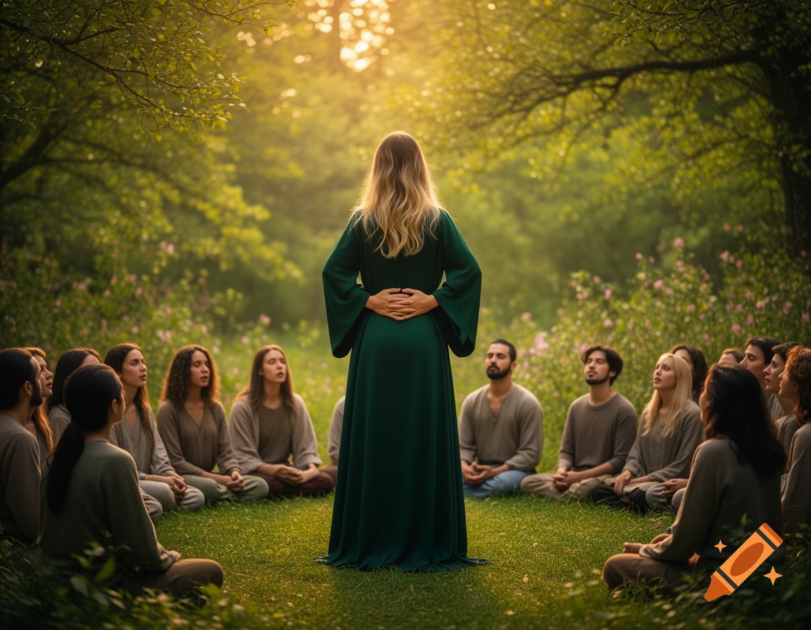 A woman in a green robe stands with her back to the viewer, facing a circle of people sitting on grass in a sun-dappled forest.