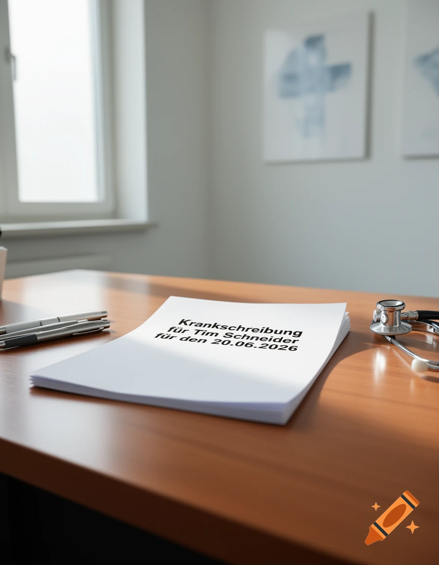 A document titled 'Krankschreibung' with a name and date on a desk next to a stethoscope and pens in a doctor's office.
