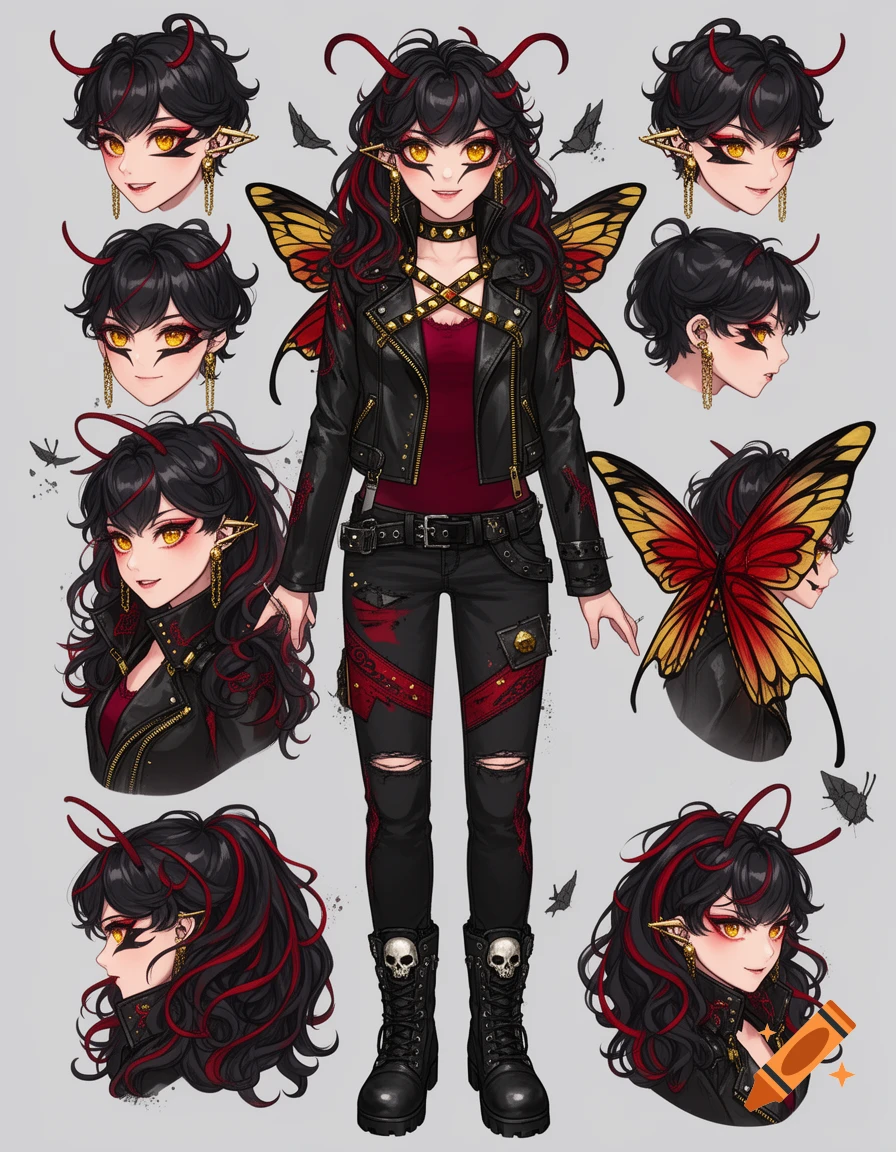 Anime character reference sheet of a dark-haired girl with red streaks, yellow eyes, horns, and red-gold butterfly wings wearing a black rock-punk outfit.