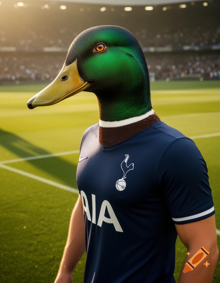 Photorealistic image of a mallard duck's head on a person wearing a navy blue soccer jersey, standing on a green field in a stadium.