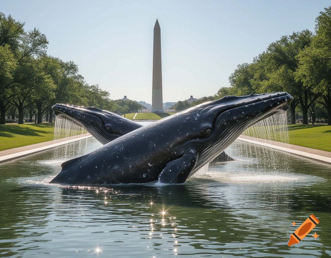 Two large whale sculptures in a reflecting pool, appearing to filter feed, with the Washington Monument in the background on a sunny day.