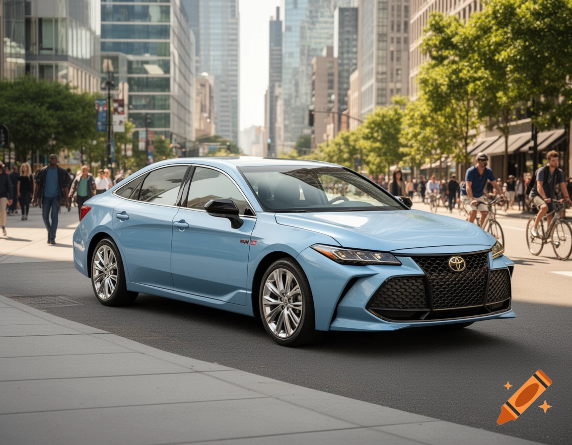 A light blue Toyota Avalon TRD sedan is parked on a city street with pedestrians and tall buildings in the background.