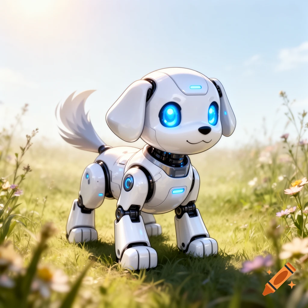 A cute white robotic puppy with bright blue LED eyes stands in a sunny grassy field with wildflowers.
