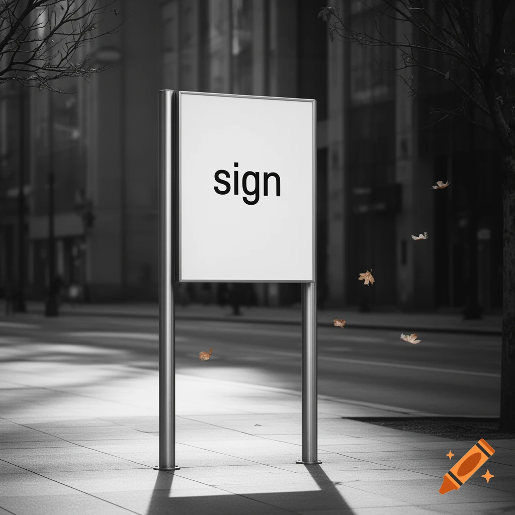 A minimalist white sign with the word 'sign' stands on a city sidewalk in a monochrome setting with blurred buildings and bare trees.