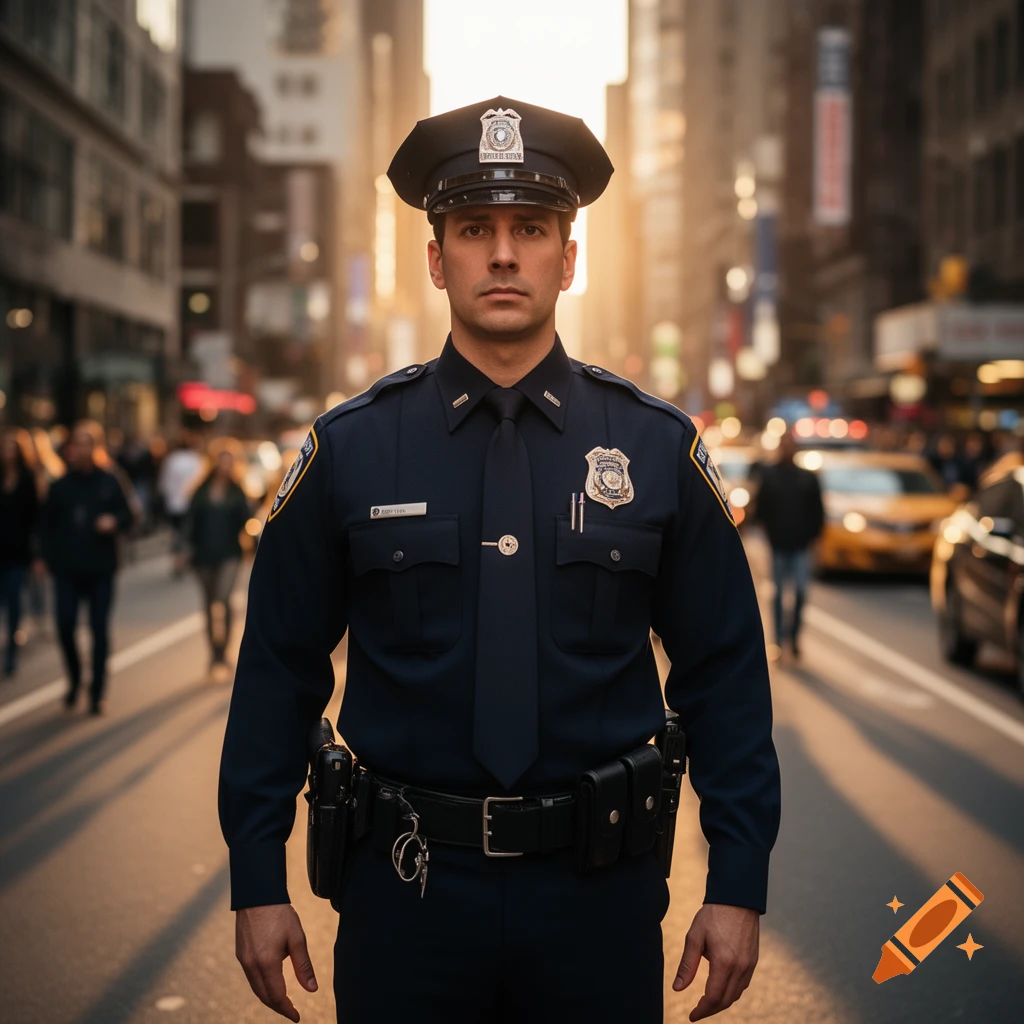 Photorealistic image of a serious police officer in a dark blue uniform and hat, standing in the middle of a busy city street at sunset.