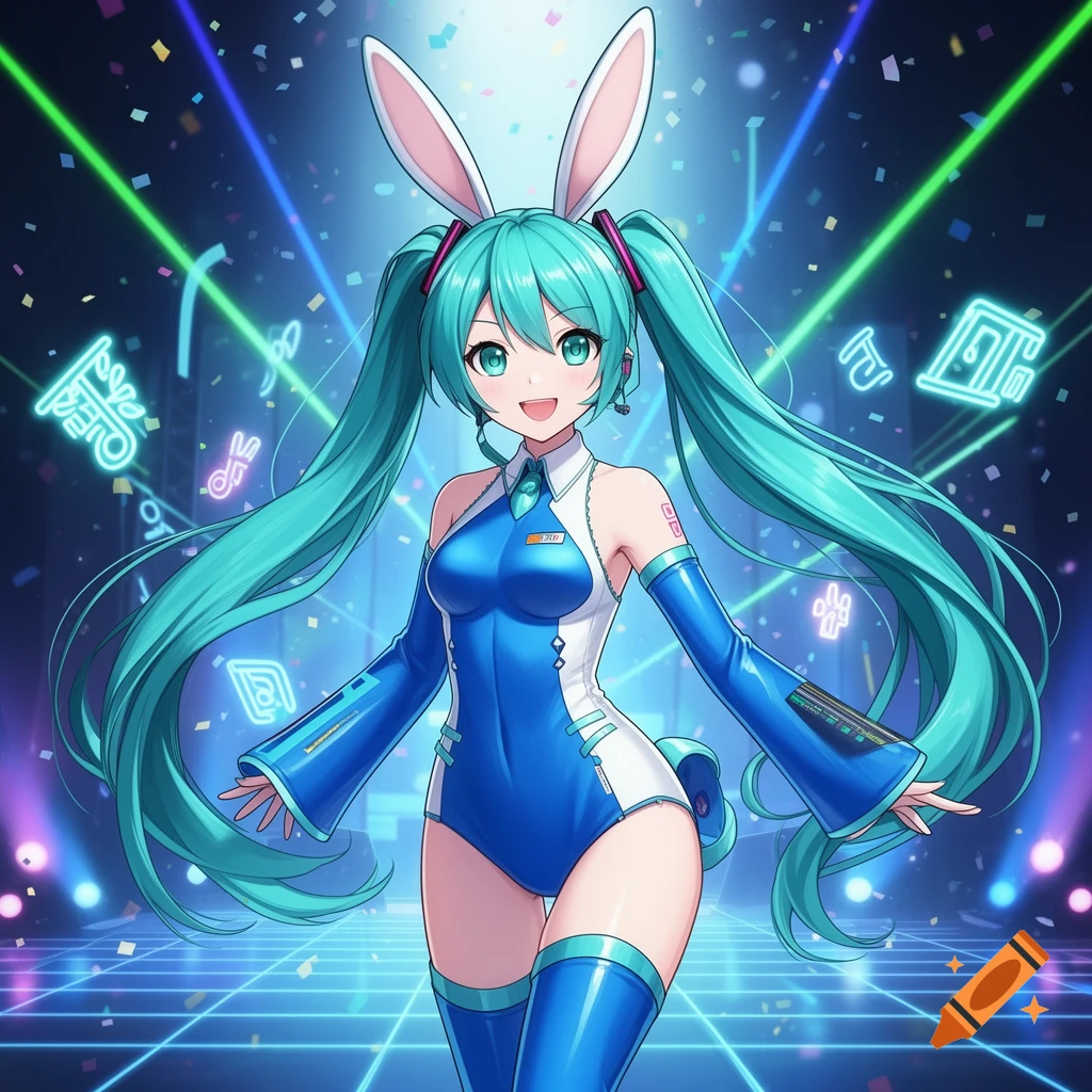 Hatsune Miku in a blue and white bunny suit with long turquoise pigtails, on a glowing grid stage with neon lights.