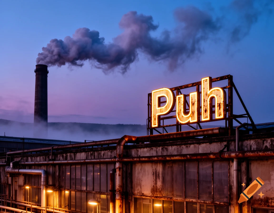 An industrial building with a prominent glowing 'Puh' sign and a smokestack emitting smoke against a twilight sky.