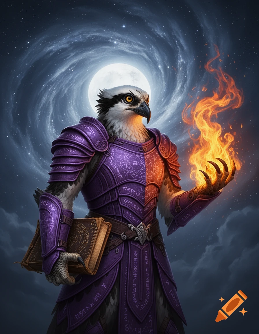 A majestic osprey warlock in purple armor with magical runes holds a book and wields fire against a starry, full moon sky.