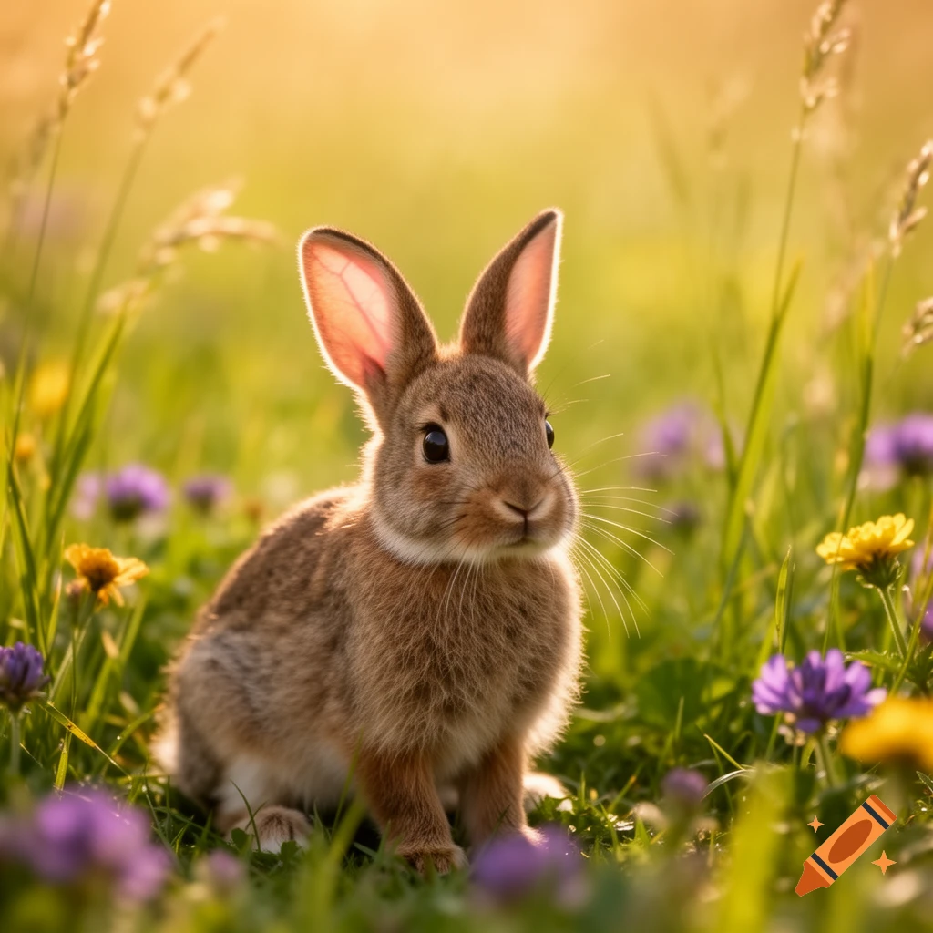 A cute brown bunny with large ears sits in a sunlit green meadow filled with purple and yellow wildflowers.