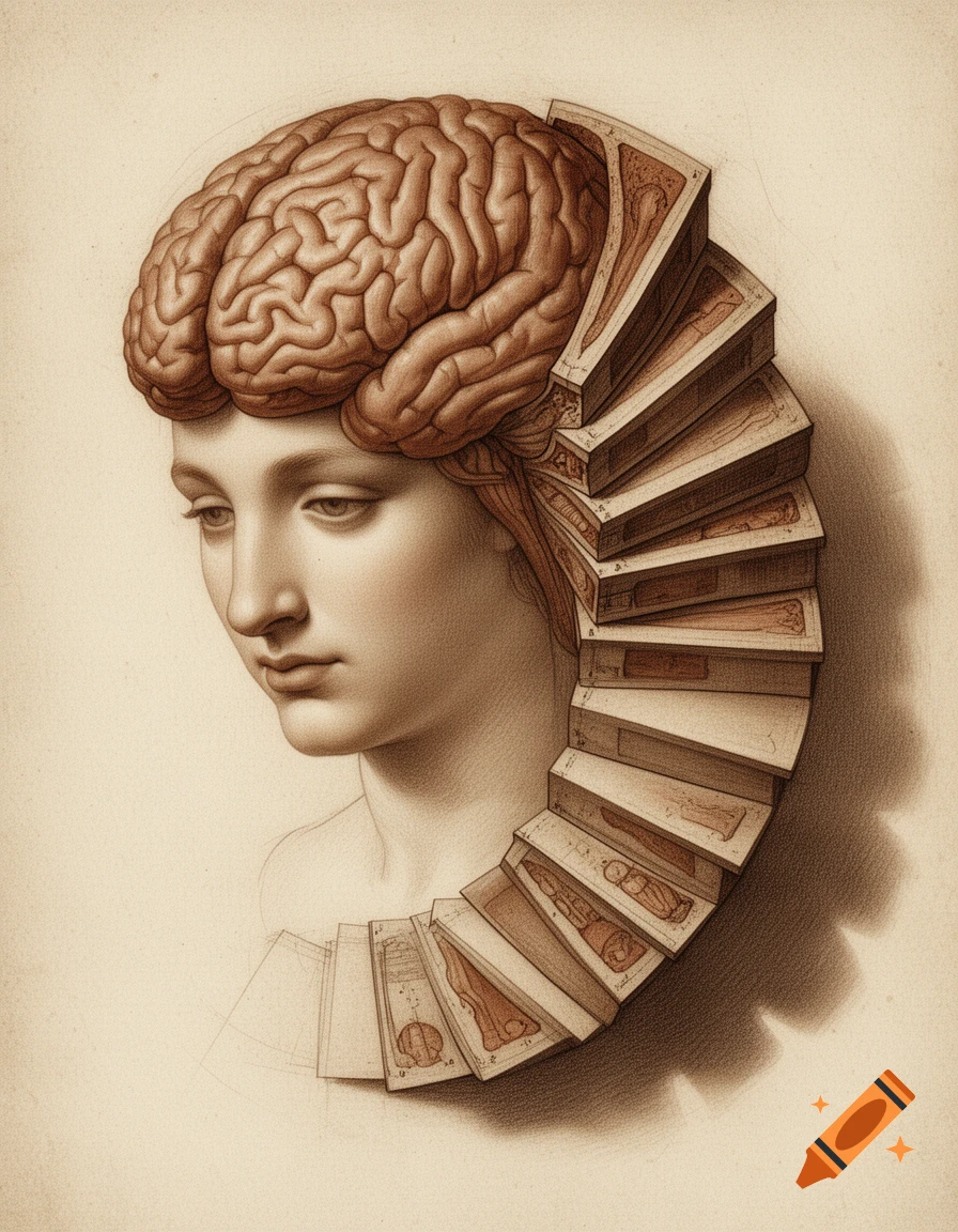 A sepia-toned Da Vinci-esque drawing of a human head with a brain, featuring anatomical cross-sections spiraling from the back.