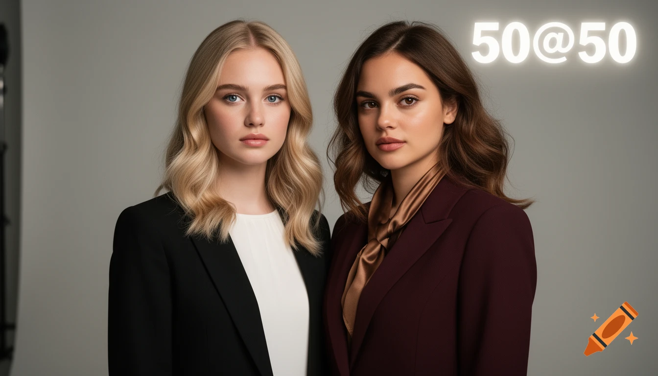 Two women, one blonde and one brunette in blazers, stand against a gray background with '50@50' text. Photorealistic style.