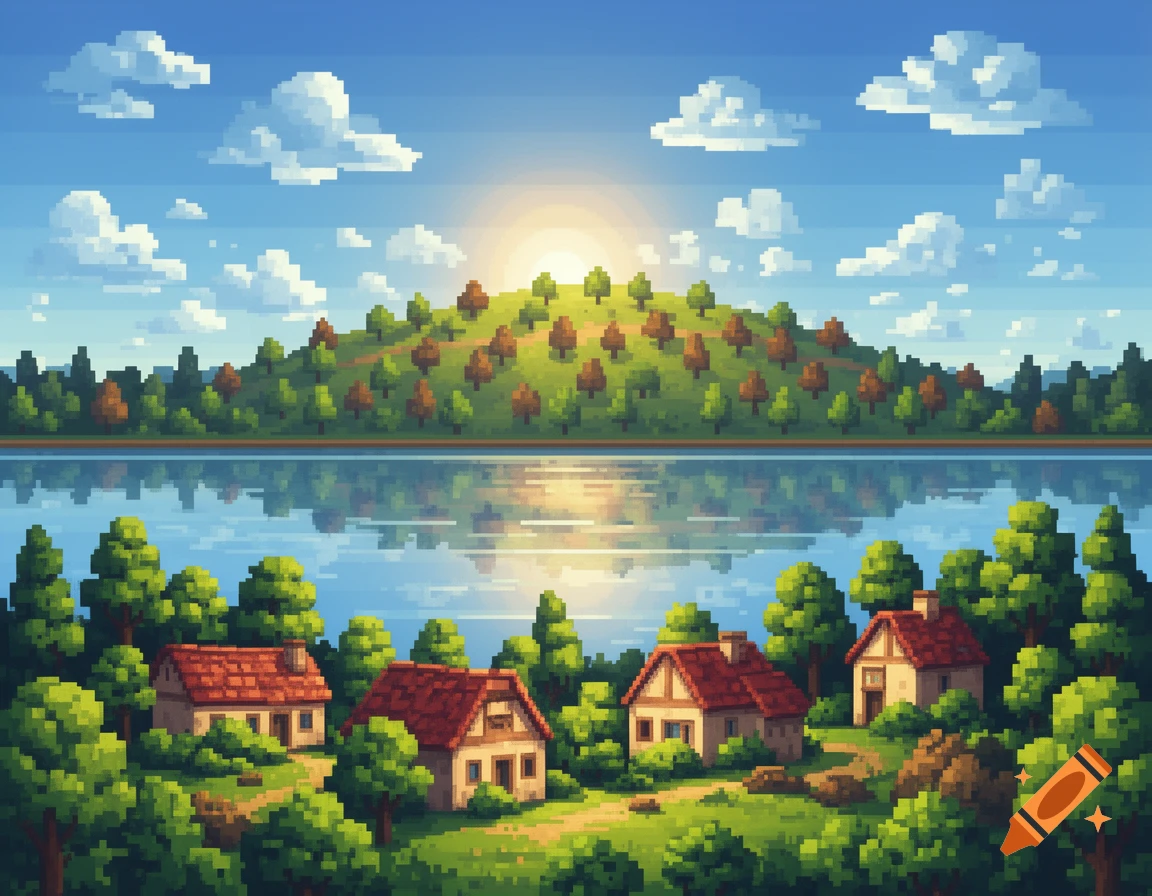 A bright pixel art landscape features houses by a reflective lake, a sun over a tree-covered hill, and fluffy clouds.