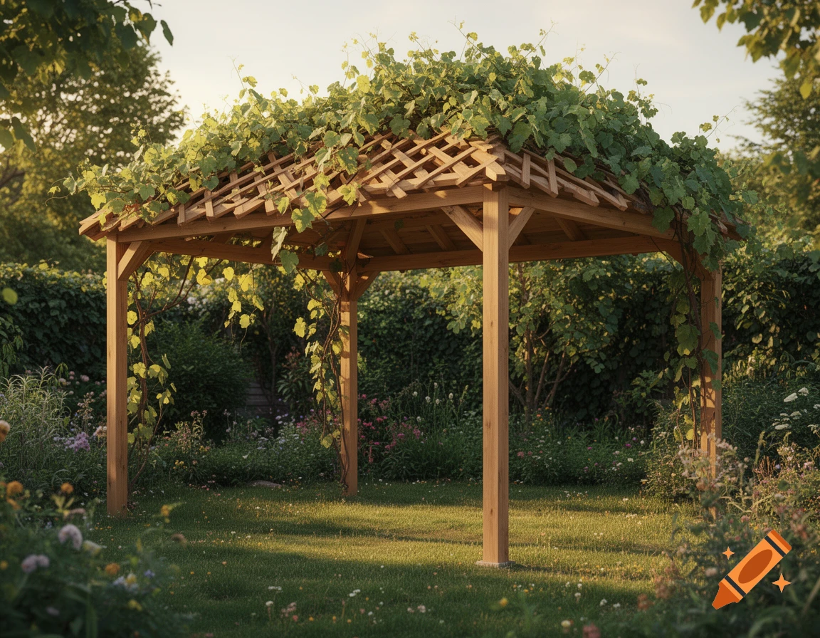Photorealistic wooden garden gazebo covered in grapevines, surrounded by wildflowers in dappled sunlight.