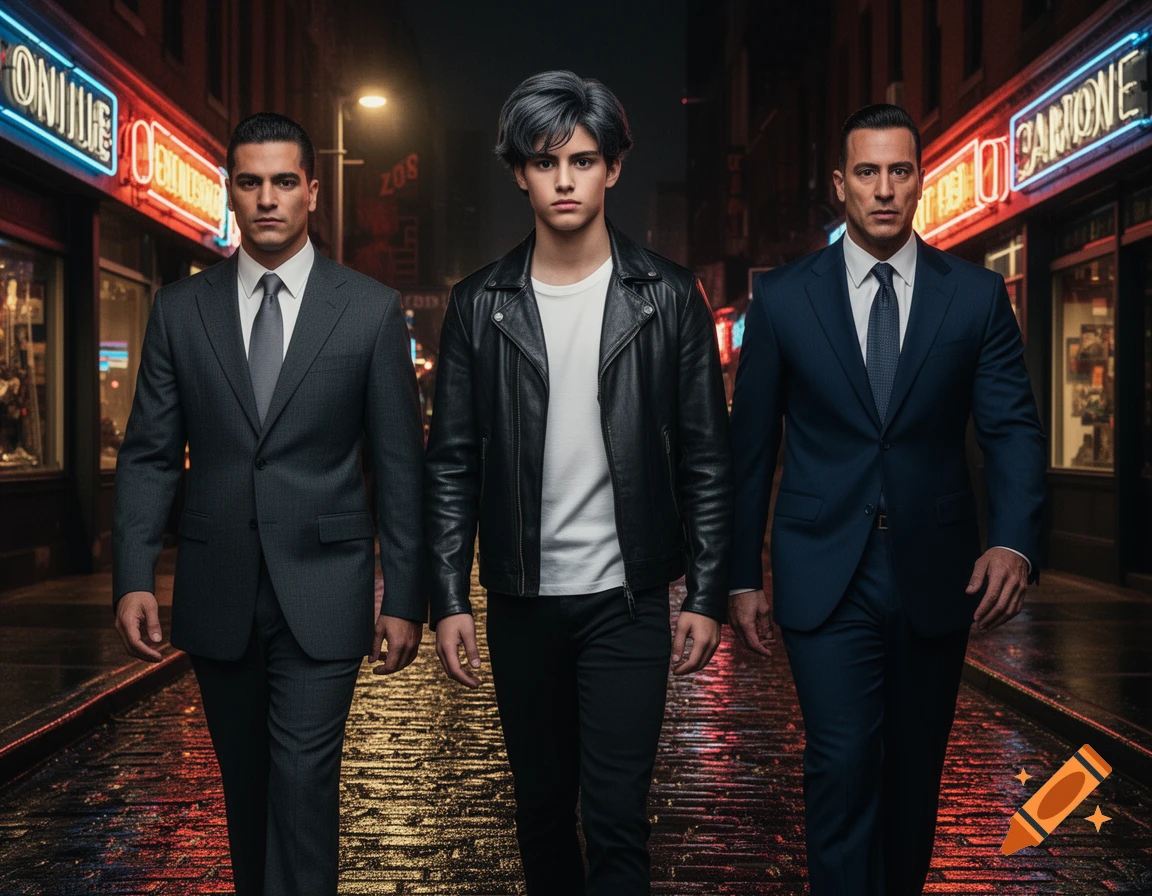 Three men, two in suits and one in a leather jacket, walk towards the viewer down a wet, neon-lit city street at night.