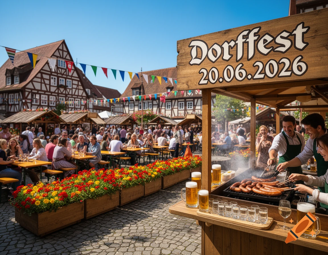 A lively Dorffest (village festival) in a town square with people grilling sausages, drinking beer, and sitting at tables under traditional half-timbered buildings. A sign reads "Dorffest 20.06.2026".