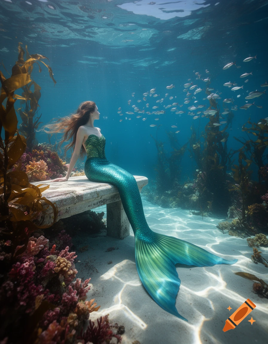 A photorealistic mermaid with a green-scale top and shimmering blue-green tail sits on a stone bench underwater, surrounded by coral and fish.