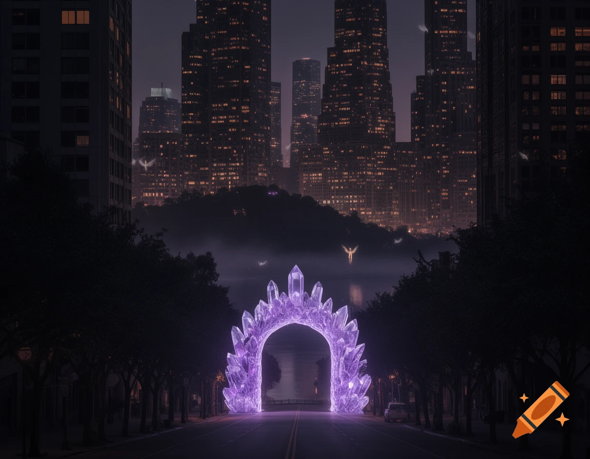 A glowing purple crystal archway stands on a dark street lined with trees at night, leading to a misty city skyline with lighted skyscrapers and ethereal winged figures.