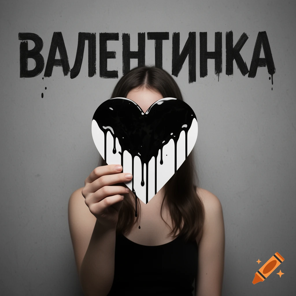 A woman holds a white heart dripping black paint, obscuring her face, against a gray wall with " ВАЛЕНТИНКА" written above.